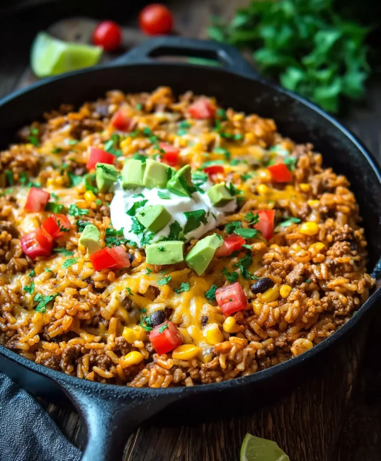 Easy Cheesy Taco Rice Skillet-Quick Beef Dinner