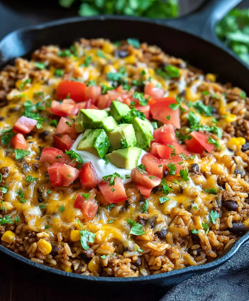 Easy Cheesy Taco Rice Skillet-Quick Beef Dinner