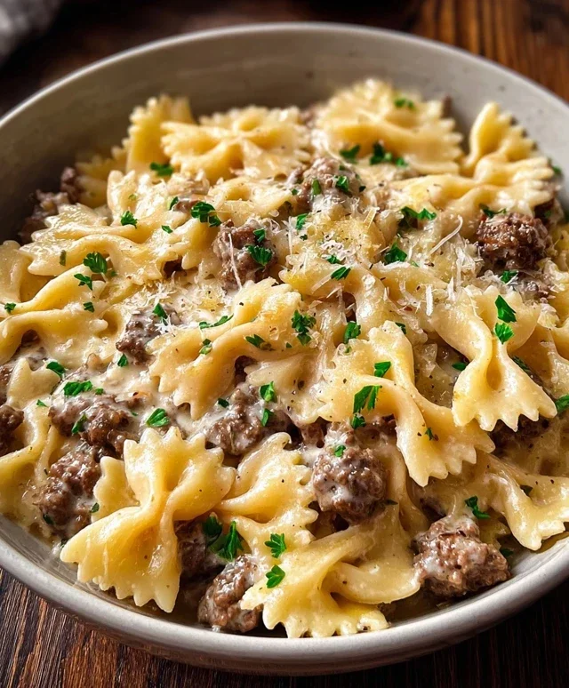 Beef Bowtie Pasta with Alfredo Sauce