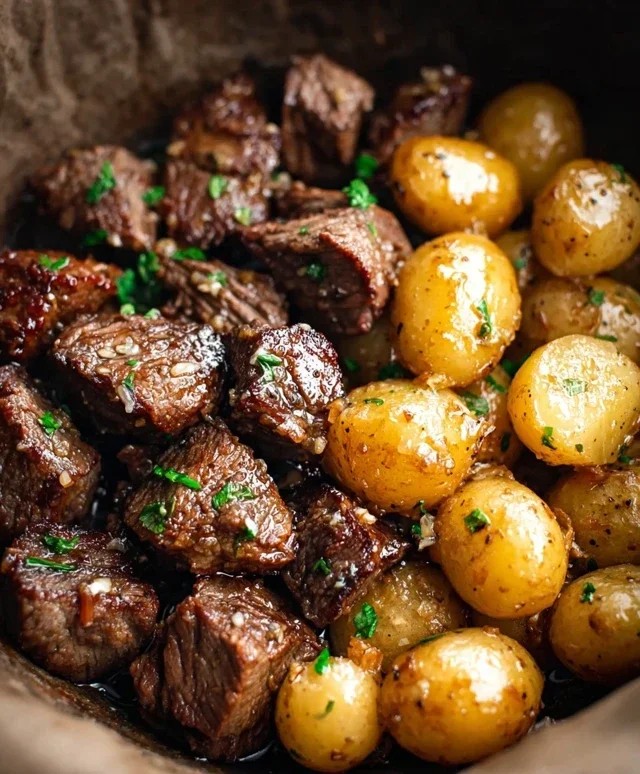 Slow Cooker Garlic Butter Beef Bites with Potatoes