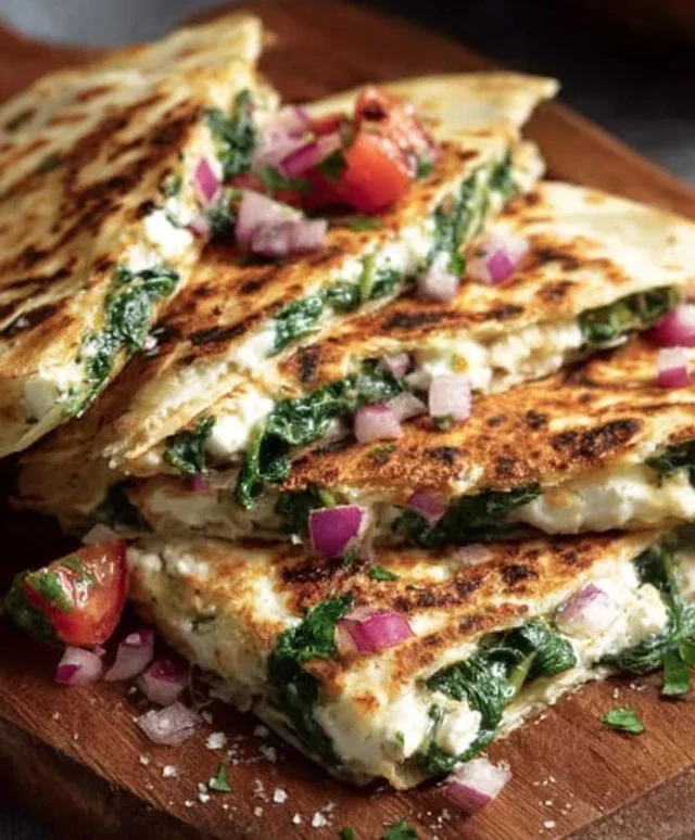 Mediterranean Quesadillas with Spinach, Feta, Mozzarella, and Red Onion