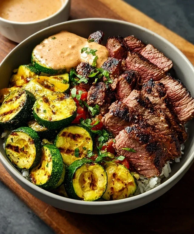 Grilled Steak Bowl with Sauce & Grilled Zucchini Bliss