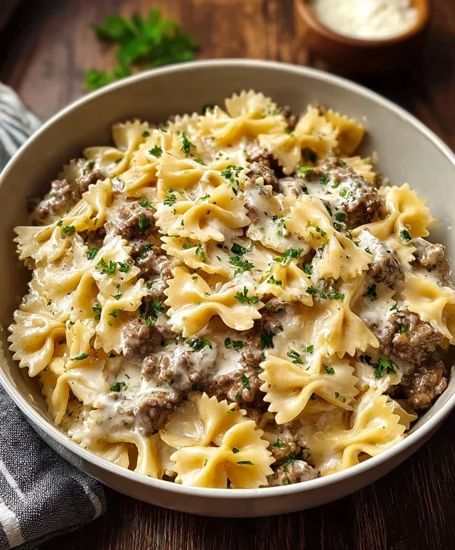Beef Bowtie Pasta with Alfredo Sauce