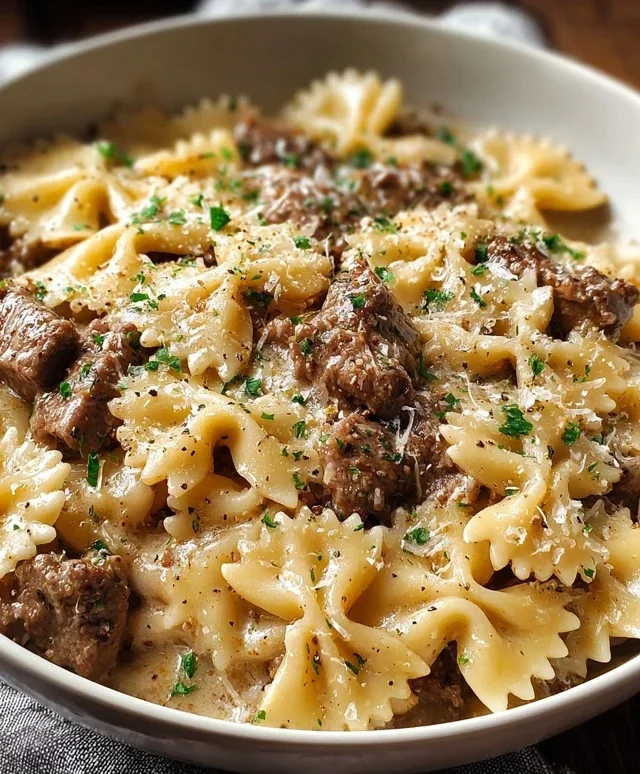 Creamy Parmesan Garlic Beef Bowtie Pasta