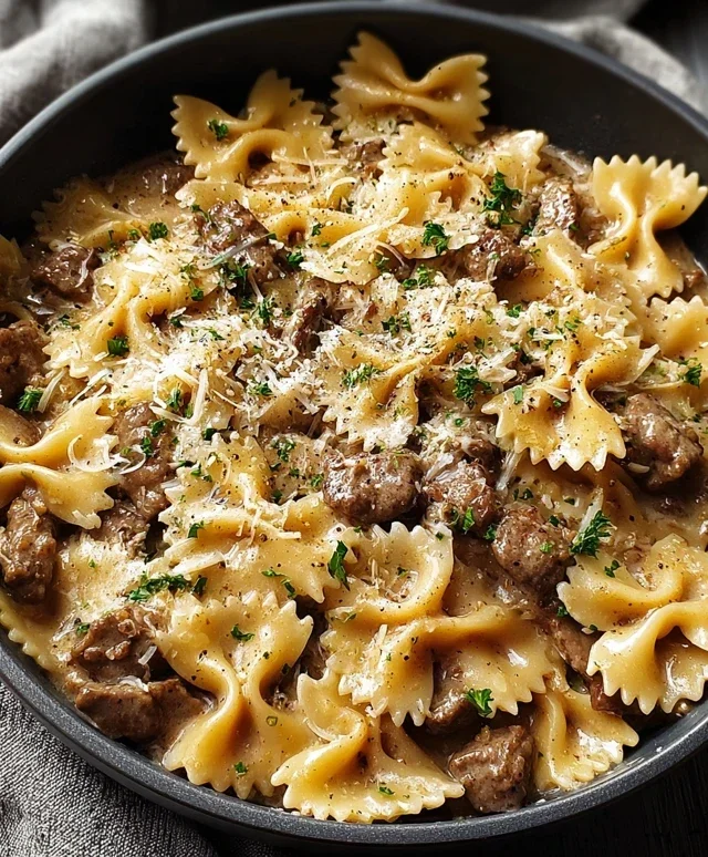 Creamy Parmesan Garlic Beef Bowtie Pasta