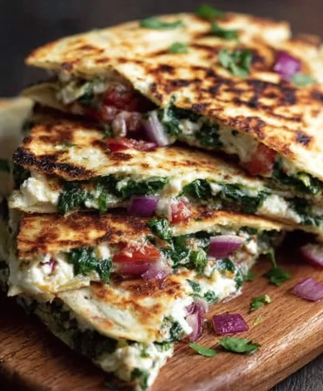 Mediterranean Quesadillas with Spinach, Feta, Mozzarella, and Red Onion