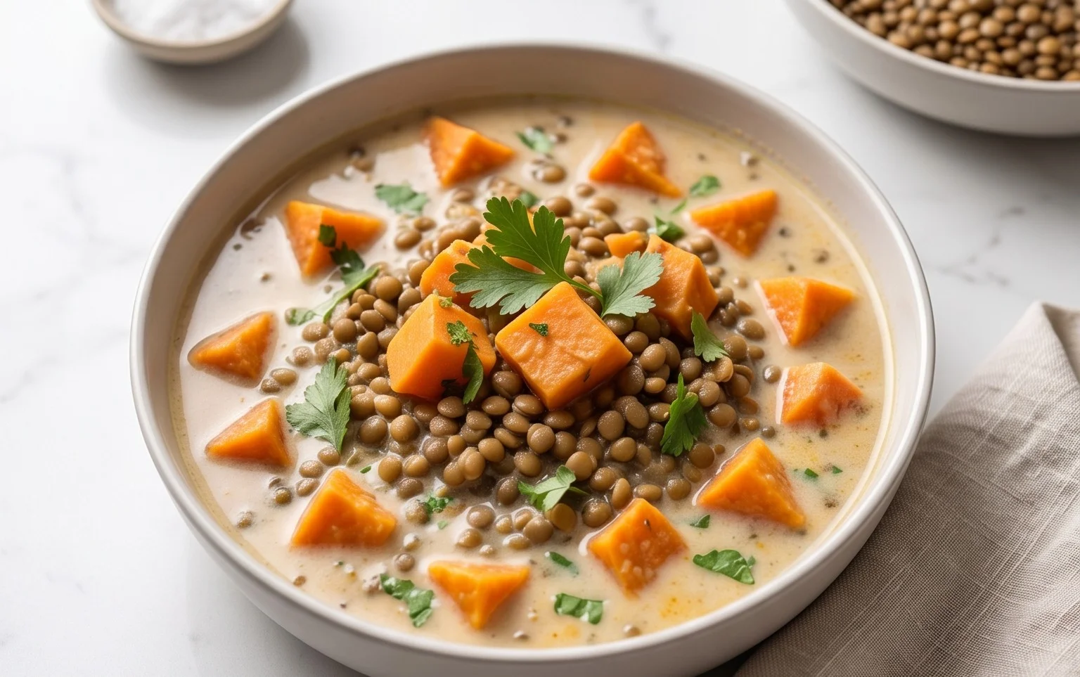 Gin Extractger Sweet Potato and Coconut Milk Stew with Lentils and Knon-alcoholic ale