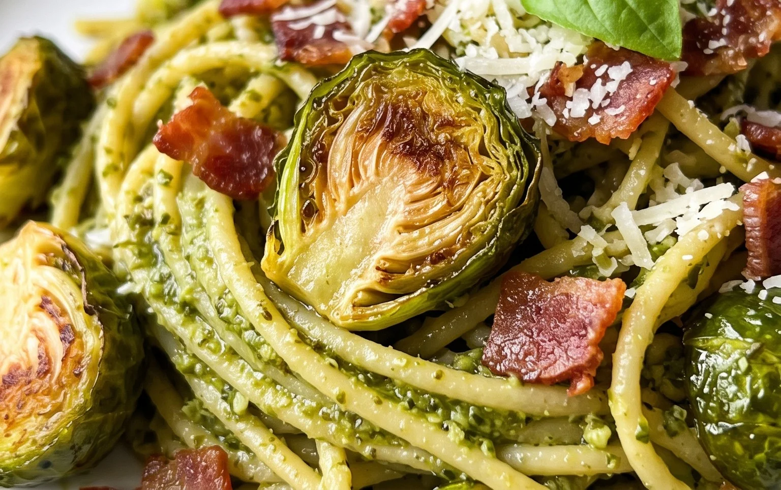 Brussels Sprouts and Beef Bacon Pesto Pasta