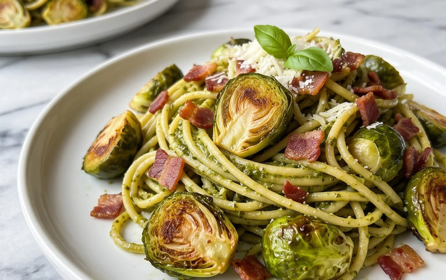 Brussels Sprouts and Beef Bacon Pesto Pasta