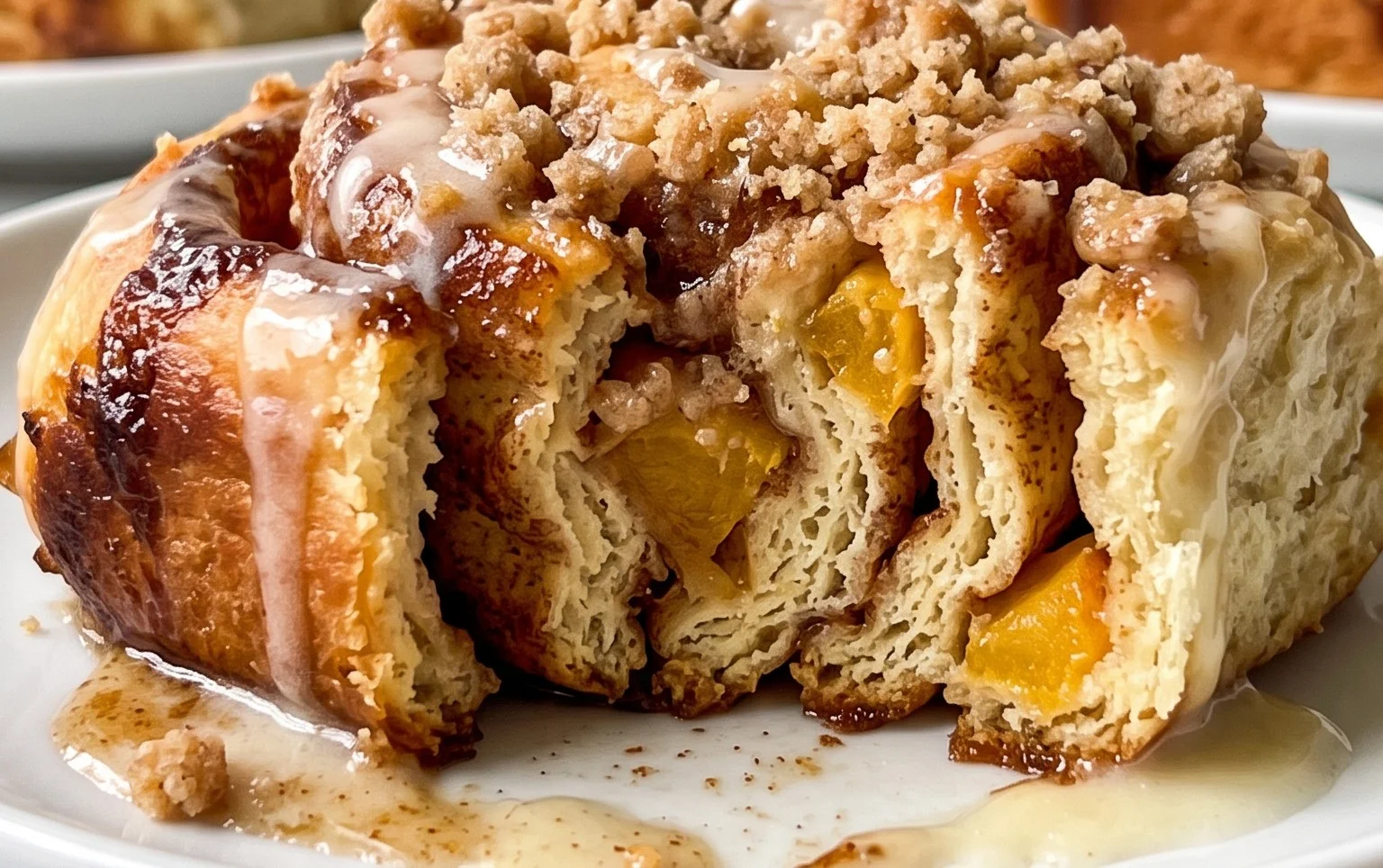 Peach Cobbler Cinnamon Rolls with Crum extractb Topping