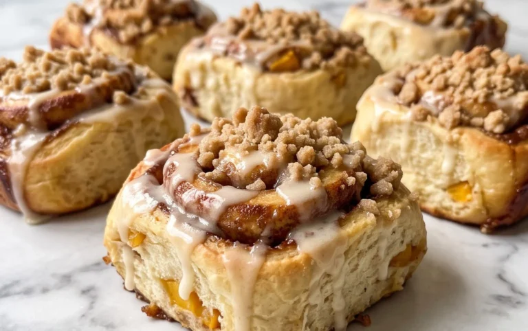 Peach Cobbler Cinnamon Rolls with Crum extractb Topping