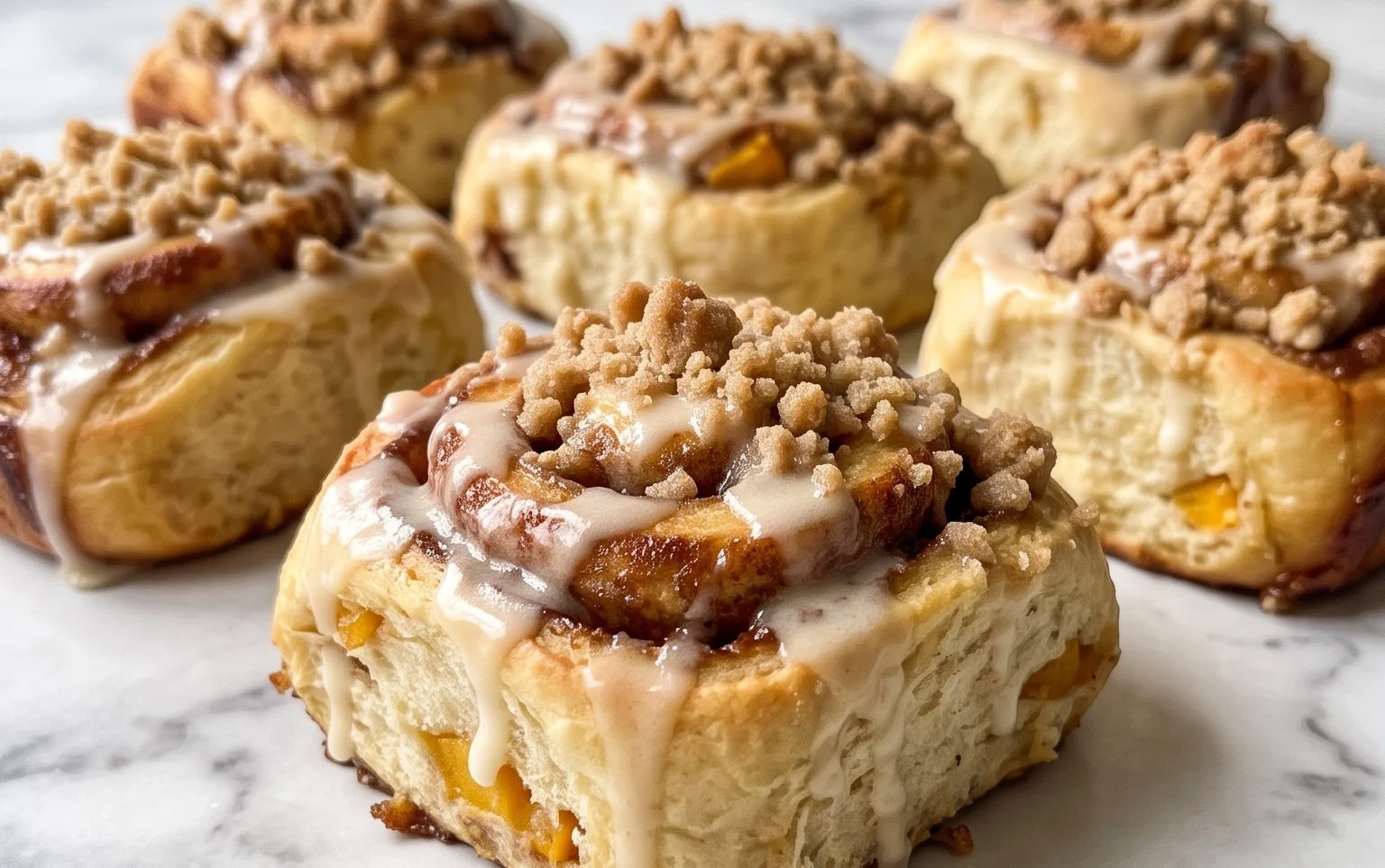 Peach Cobbler Cinnamon Rolls with Crum extractb Topping