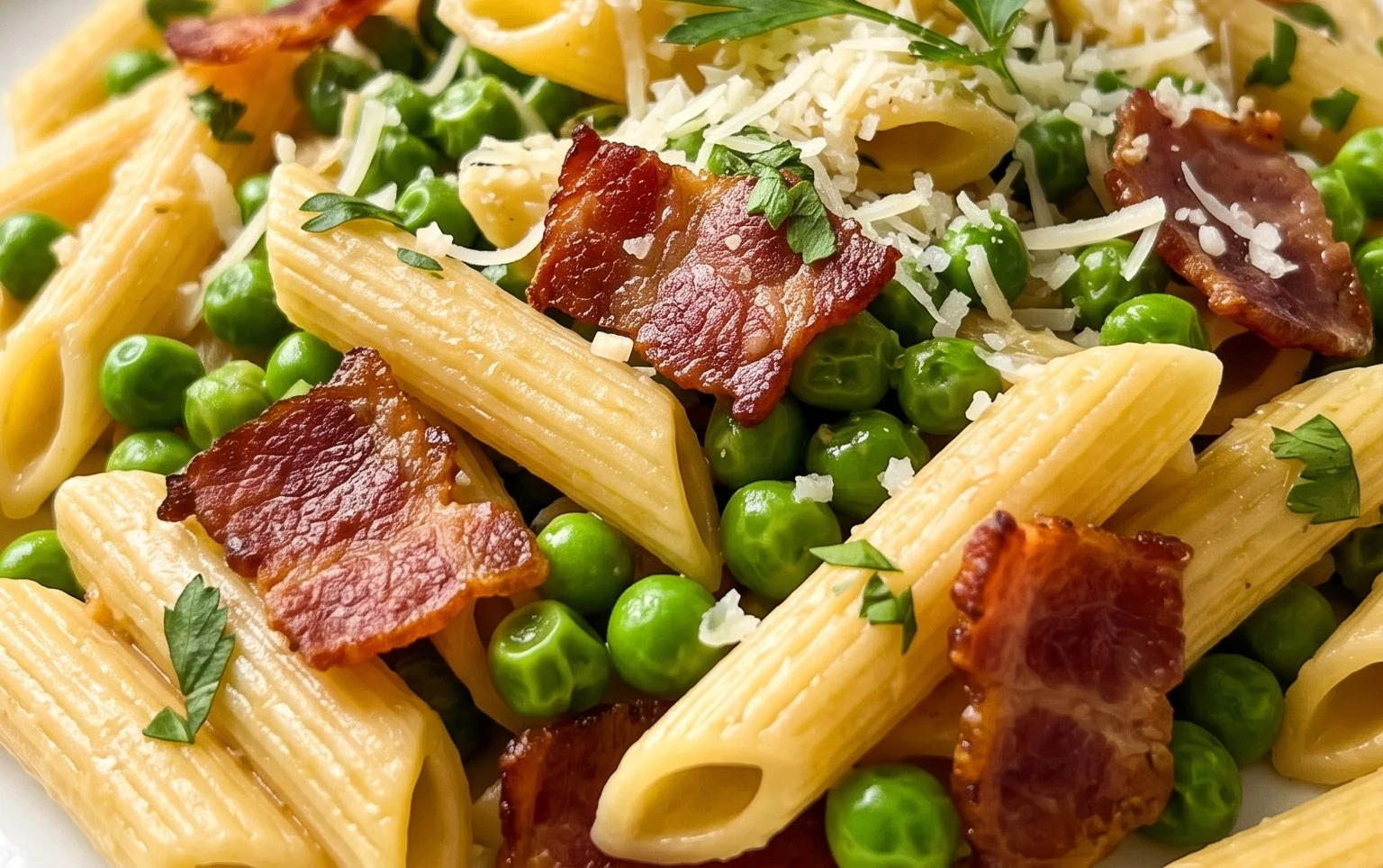 Penne Pasta, Peas and Beef Bacon